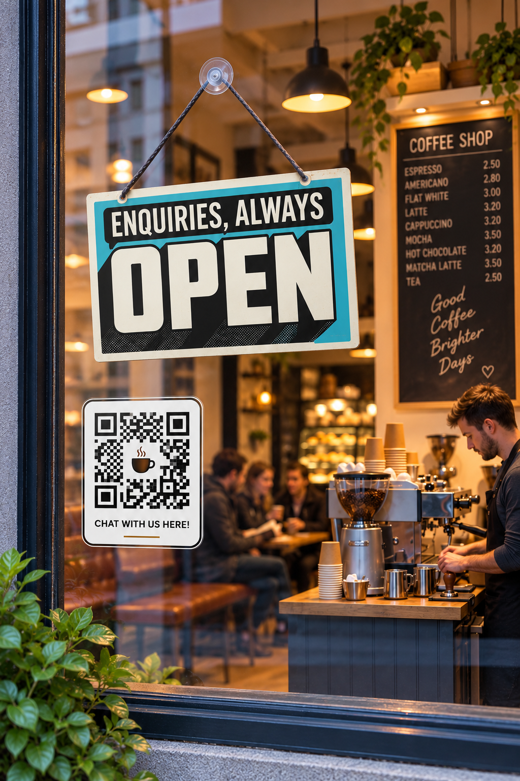 Coffee shop window with an always open sign and a chat QR code